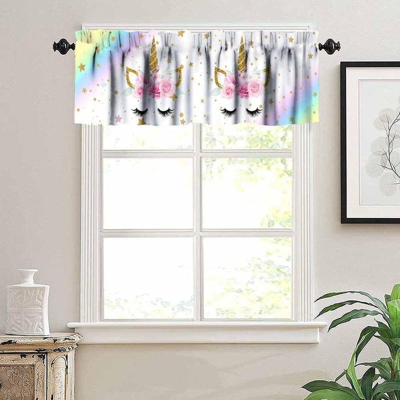 AAVEUP Unicorn Girls Valance Curtain Cartoon Ombre Rainbow Dream Pink Gold Princess Unicorn Stars Colorful Cake Window Treatment Valances Curtains for Kids Nursery Bedroom Living Room 54x18In - Image 4